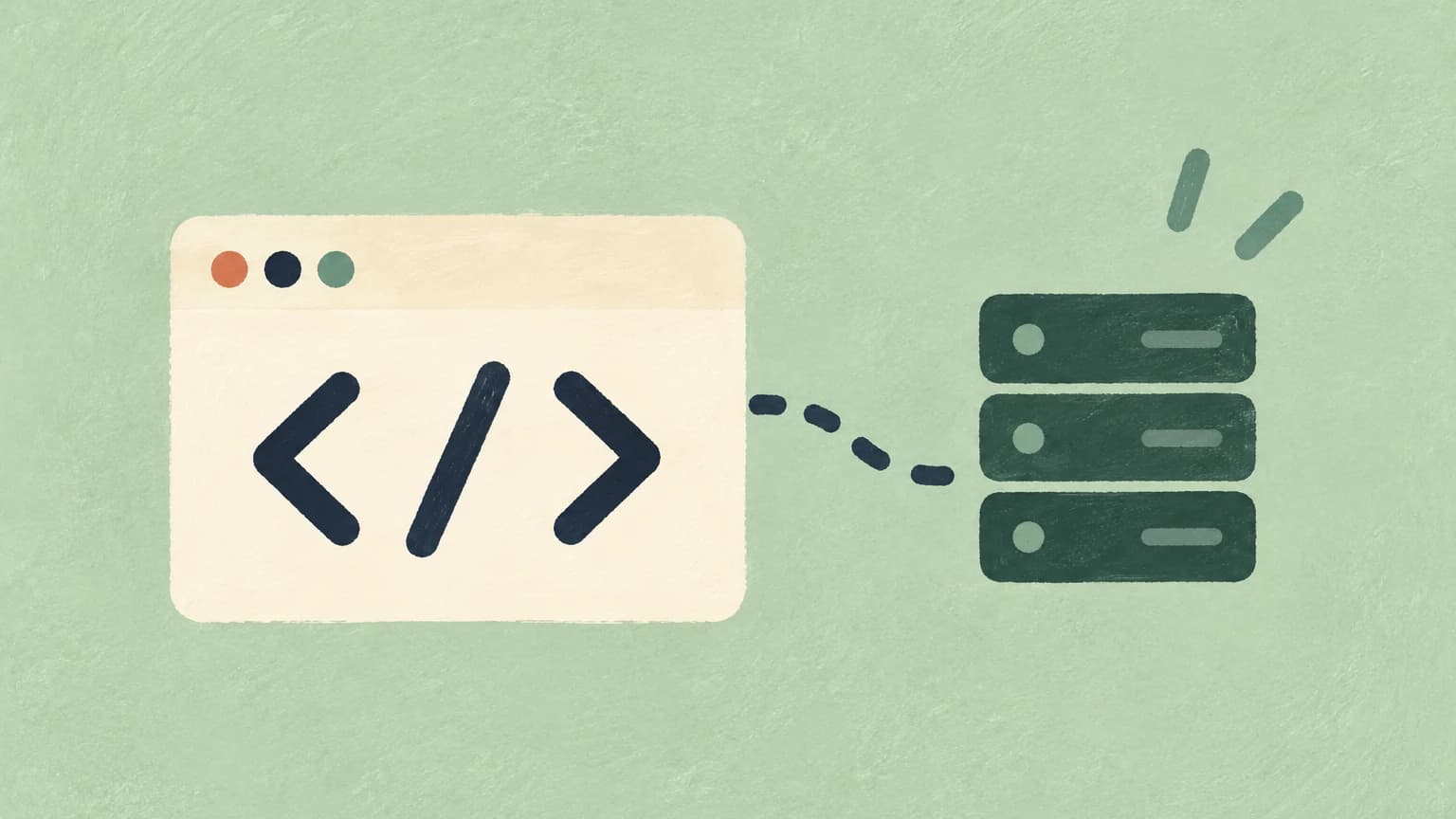 A hand-painted browser window showing code angle brackets, a dashed line, and a stack of dark green servers