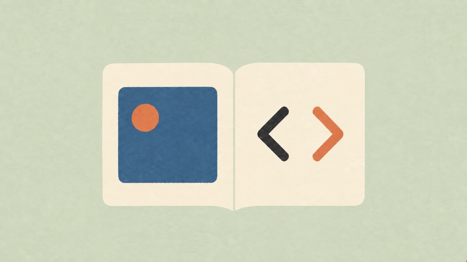 Illustration of an open book with a navy video frame and an orange sun on the left page and code angle brackets on the right page