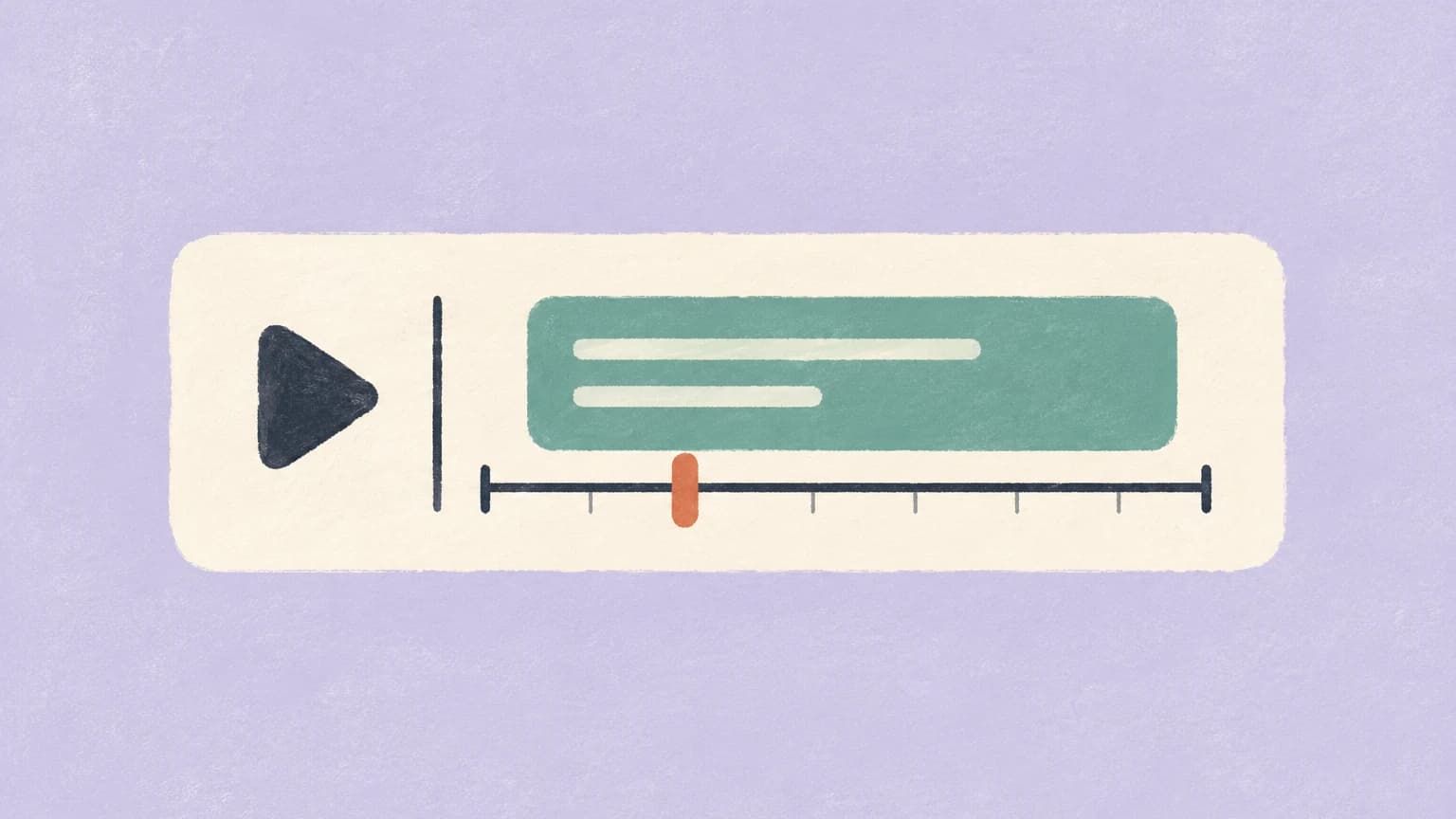 A hand-painted editor bar with a play arrow, a green description block, and a red playhead partway along a timeline