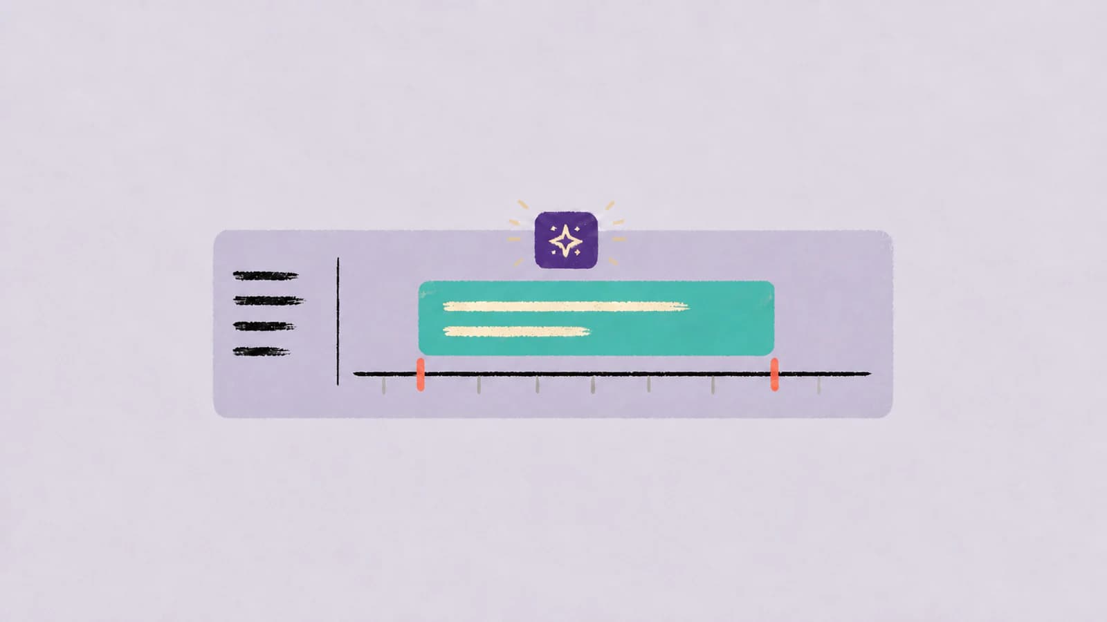 Illustration of a timeline editor with a selected teal description block, red start and end handles beneath it, and a glowing sparkle icon for AI edit above