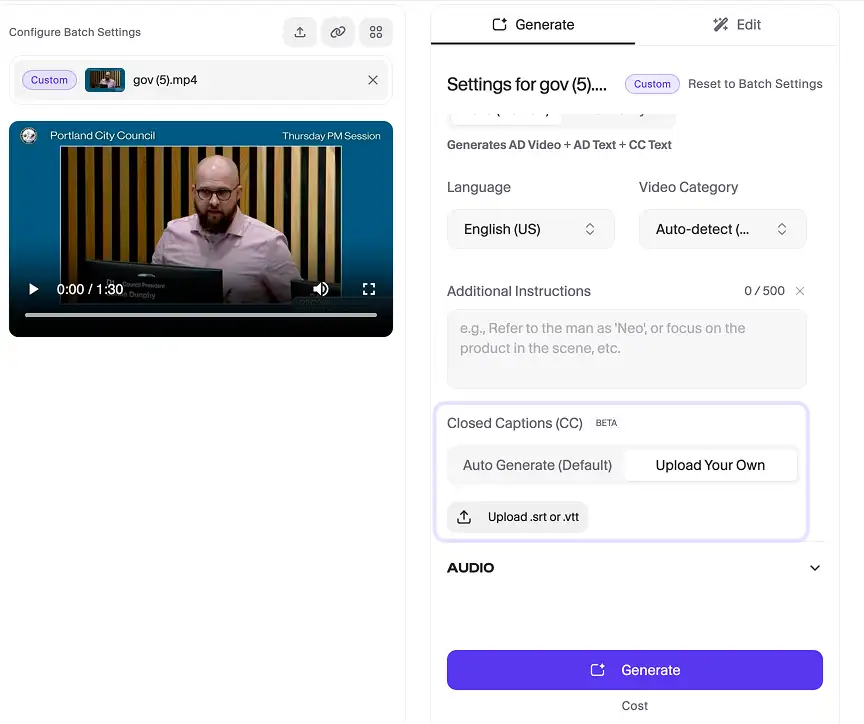 Closed captions options