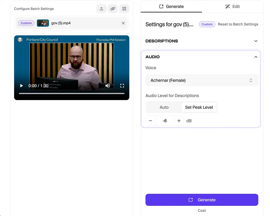 Select voice and peaking level