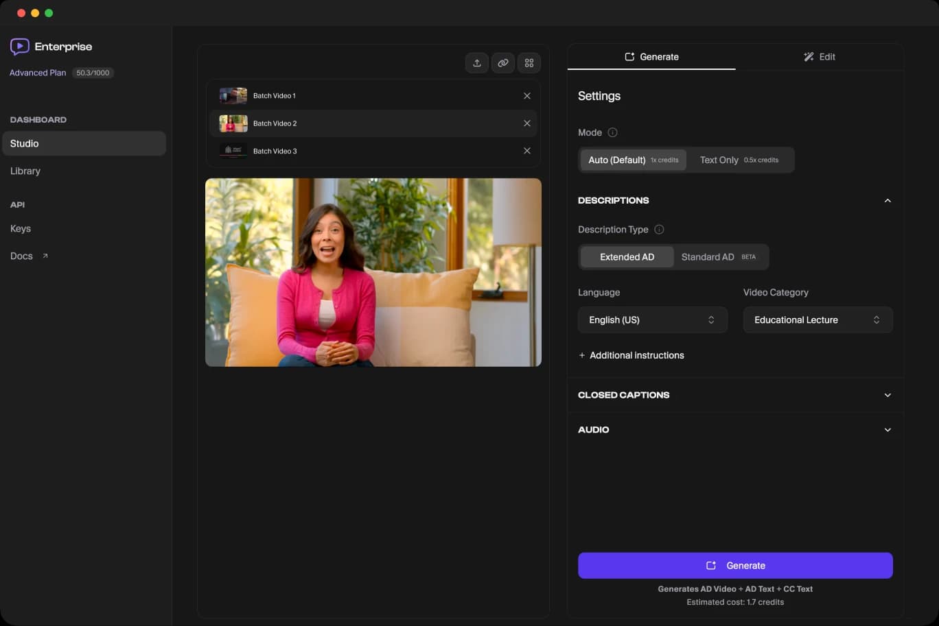 ViddyScribe Enterprise workspace