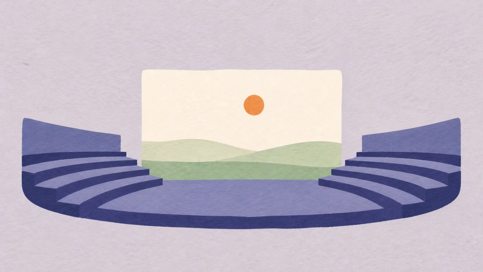 Illustration of a public amphitheater with curved purple seating facing a screen that shows rolling green hills under an orange sun