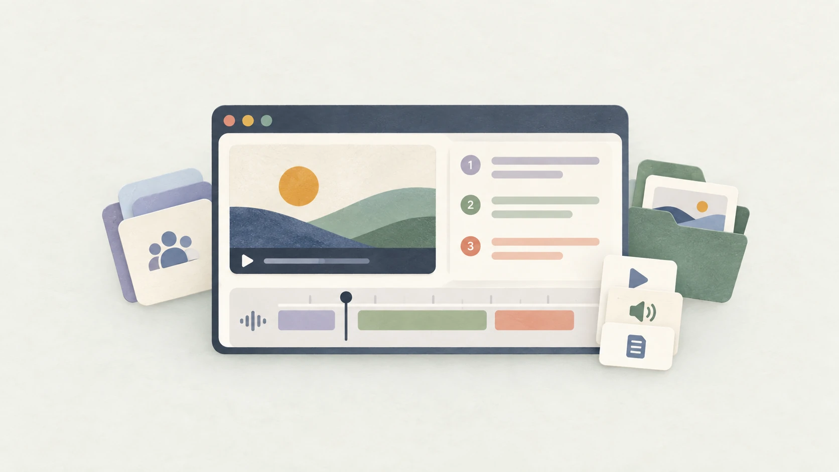 Illustration of a video editor with a landscape preview, a numbered script, and a colored timeline, surrounded by cards for people, files, and playback