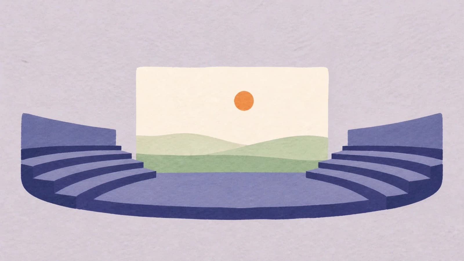 Illustration of a public amphitheater with curved purple seating facing a screen that shows rolling green hills under an orange sun