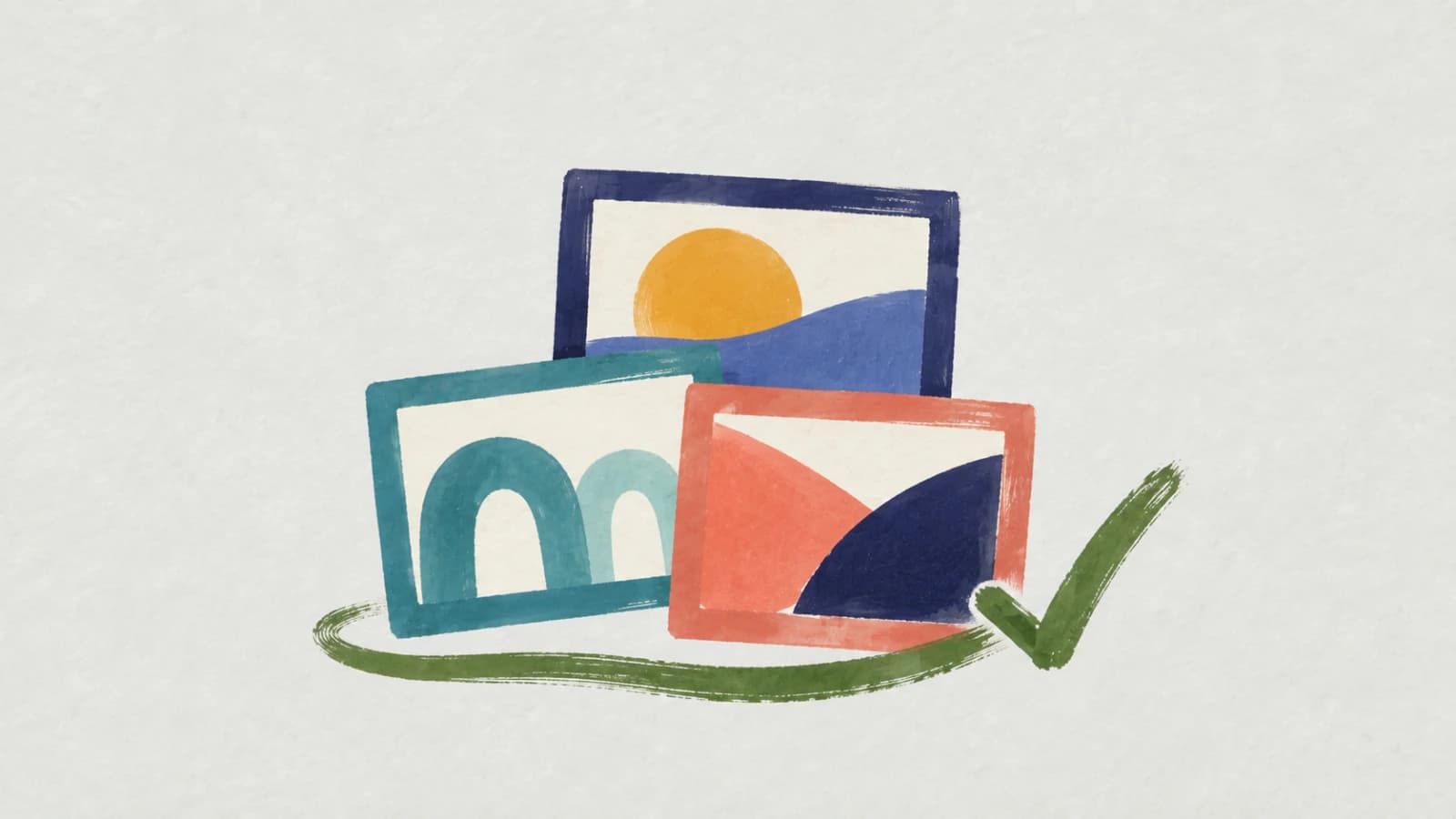 Three painted picture frames showing abstract landscapes, stacked together and circled by a green brushstroke check mark