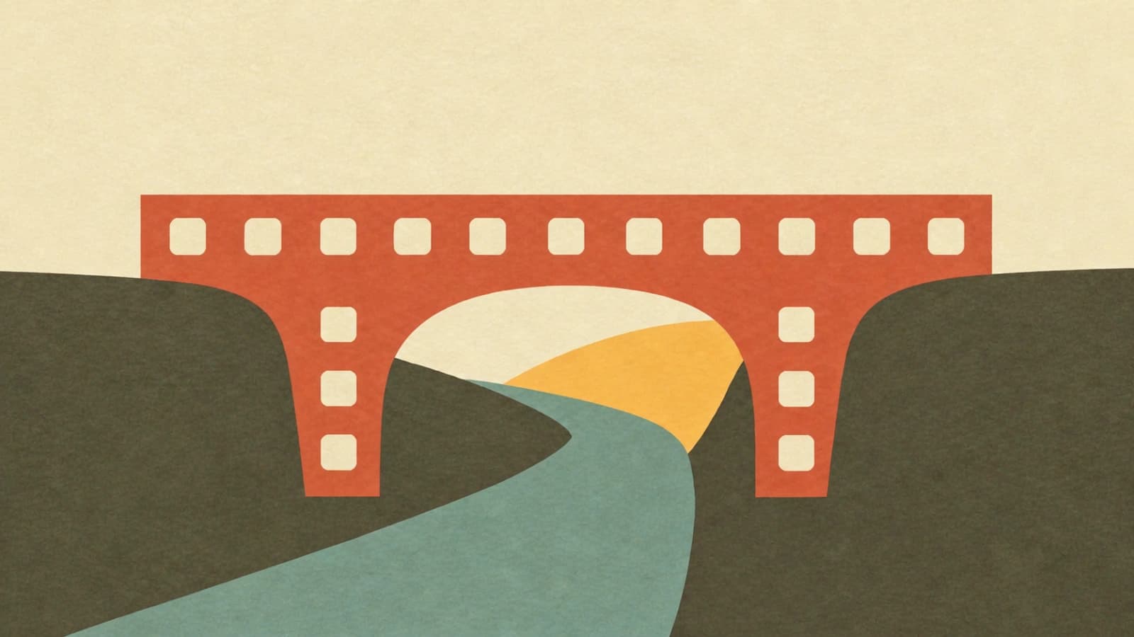Illustration of an arched bridge shaped like a strip of film spanning a valley, with a teal path winding beneath it toward a sunrise