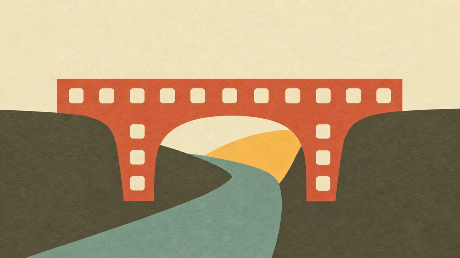 Illustration of an arched bridge shaped like a strip of film spanning a valley, with a teal path winding beneath it toward a sunrise