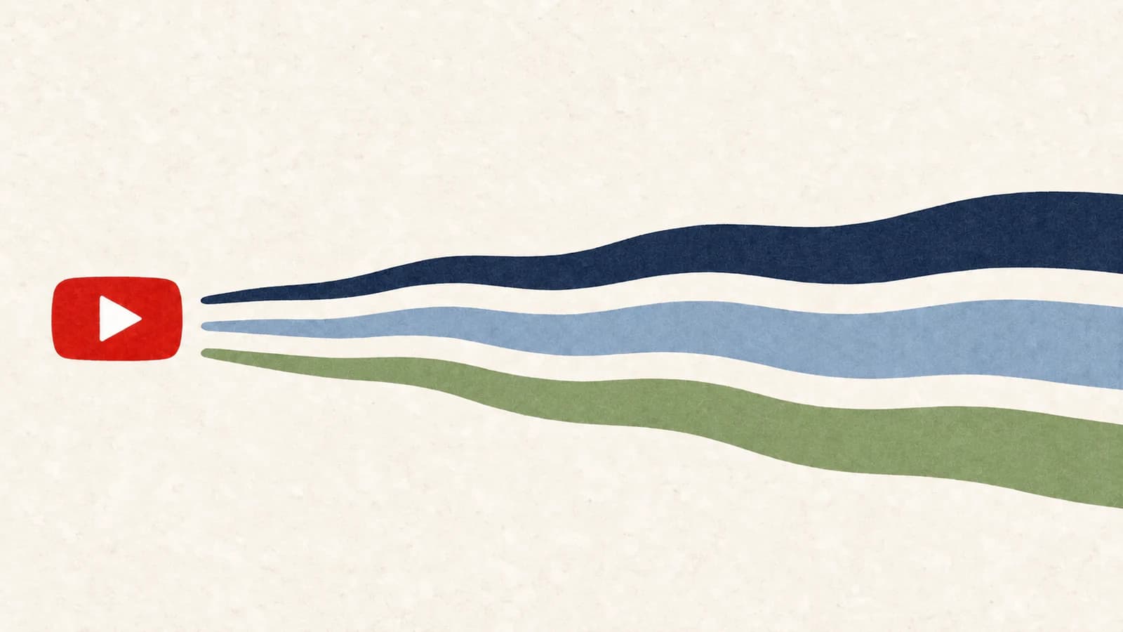 A red YouTube play button with three wavy ribbons in navy, light blue, and green flowing out of it and widening across the page