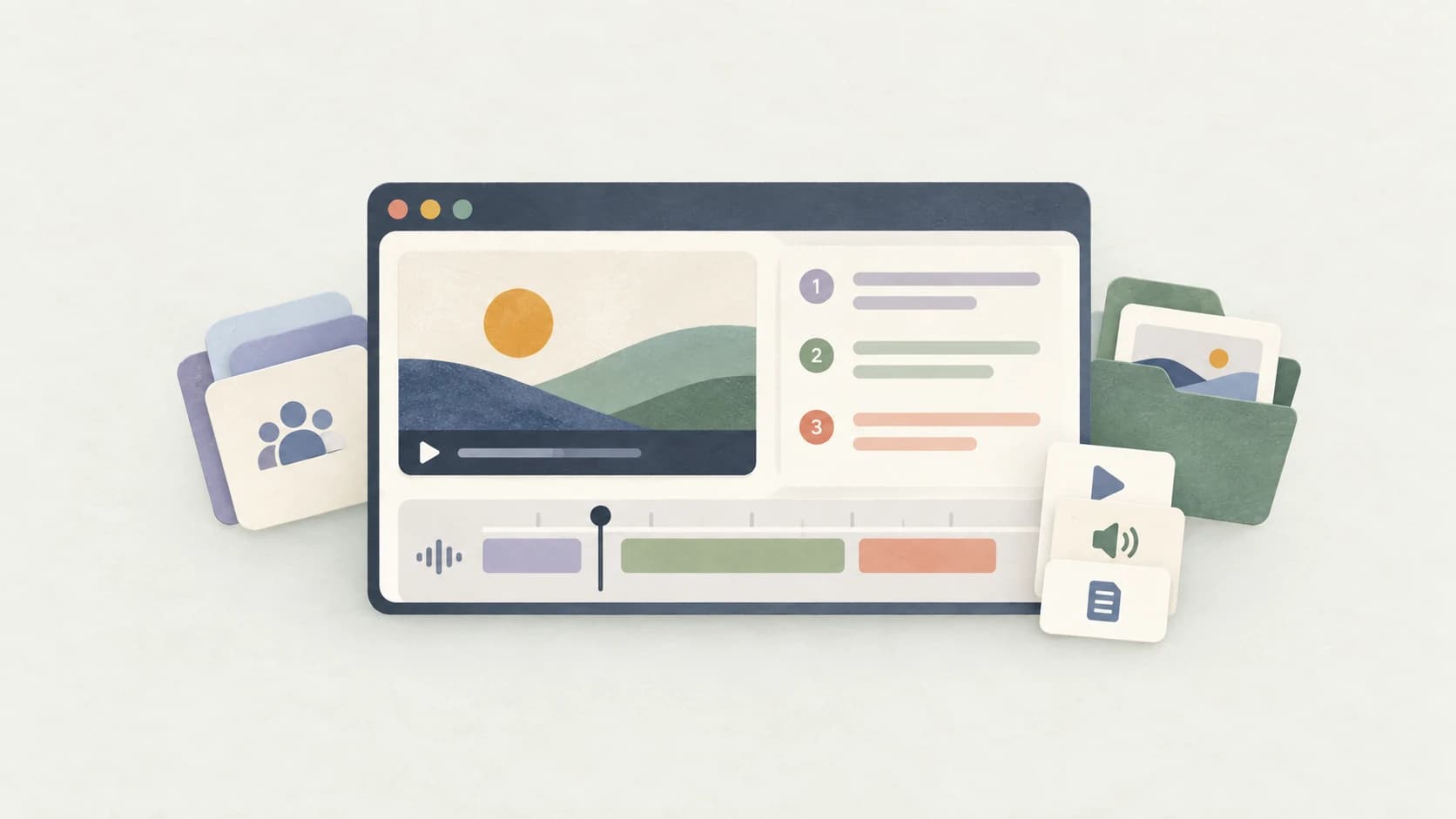 Illustration of a video editor with a landscape preview, a numbered script, and a colored timeline, surrounded by cards for people, files, and playback