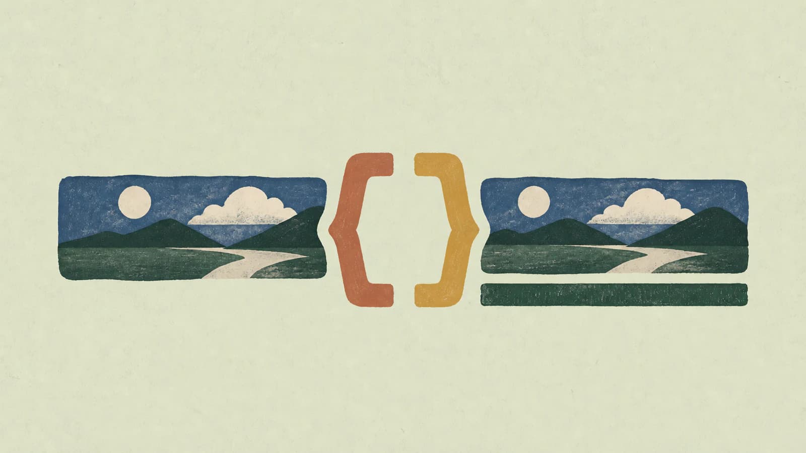 Two matching painted landscape video frames joined by orange and gold code braces, the right frame with an extra dark green description track beneath it