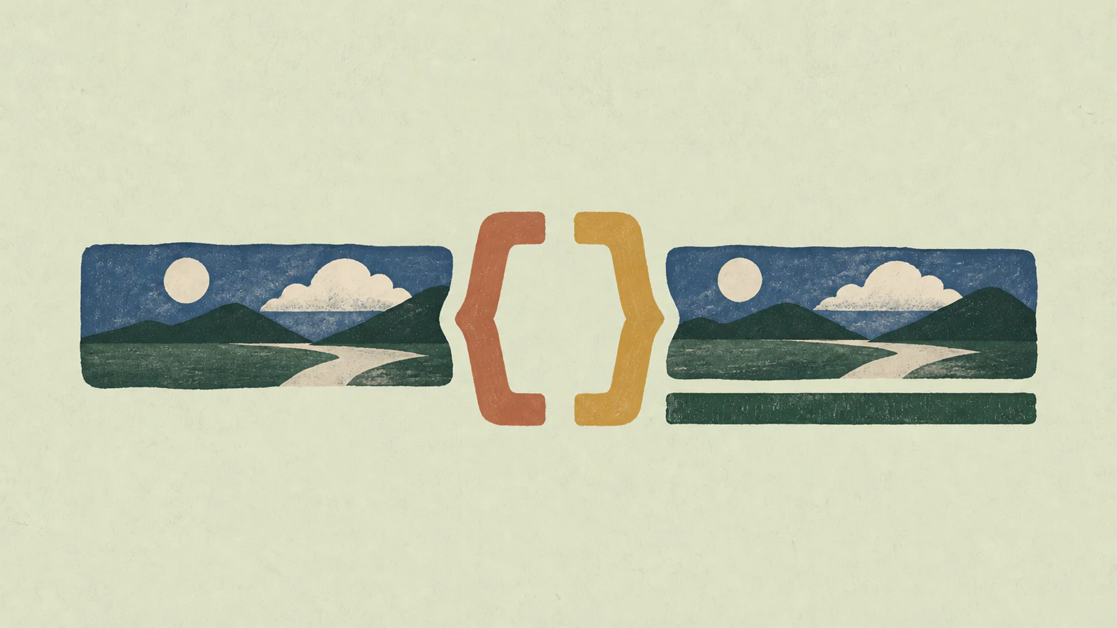 Two matching painted landscape video frames joined by orange and gold code braces, the right frame with an extra dark green description track beneath it