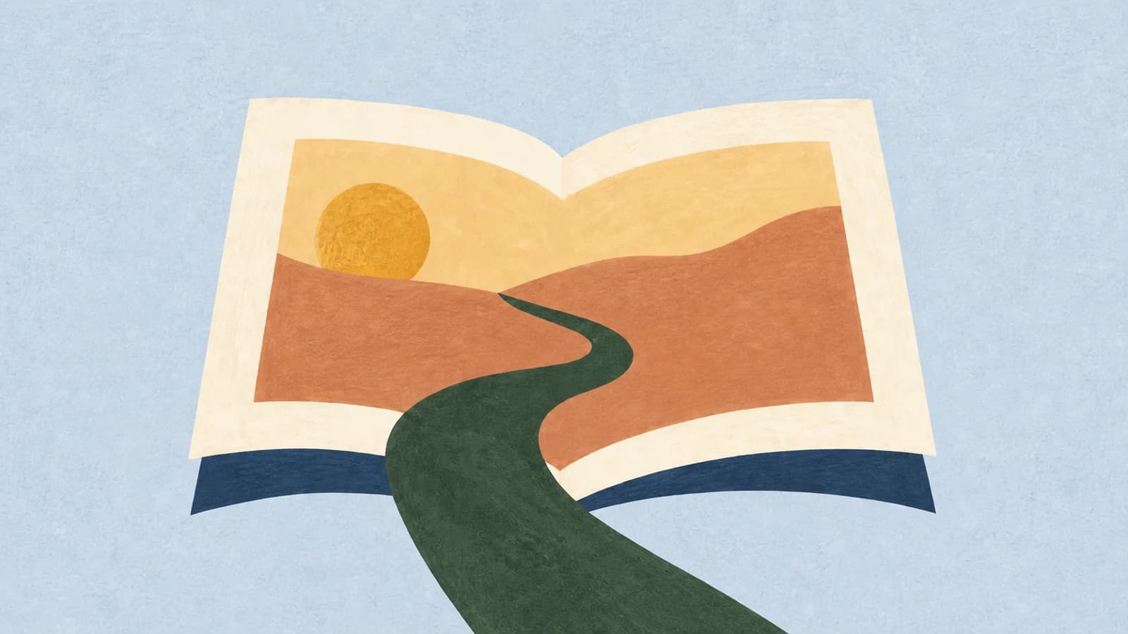 Illustration of an open book whose pages show a sunlit desert landscape, with a green path winding out of the book toward the viewer