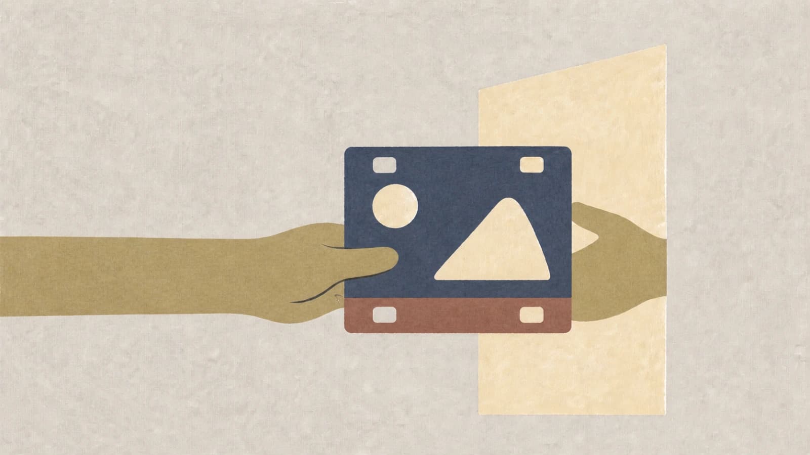 Illustration of one hand passing a navy film frame marked with simple shapes to a second hand reaching out from a lit doorway
