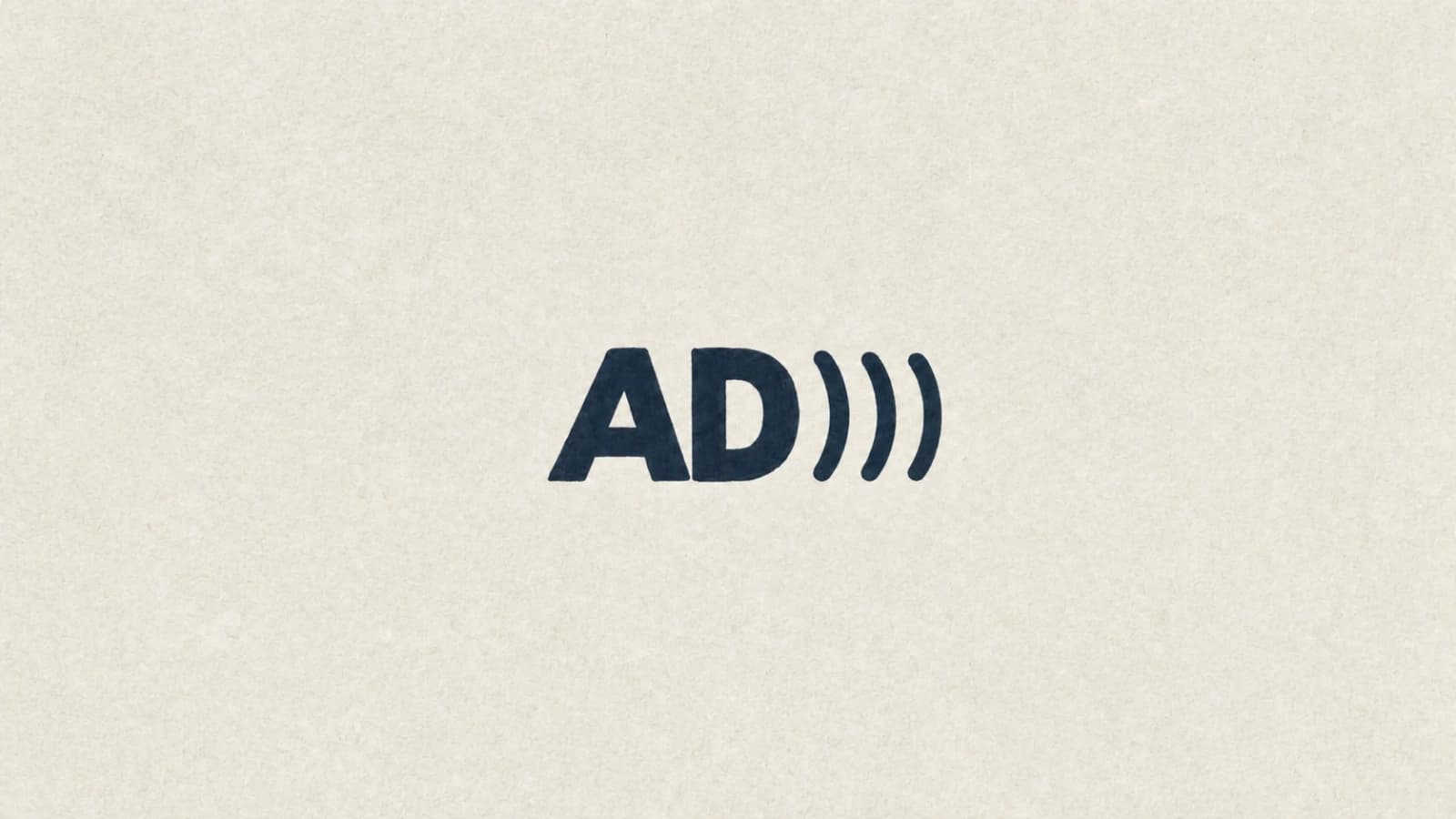 The audio description symbol, the letters AD followed by three sound-wave arcs, hand-painted in navy on cream paper