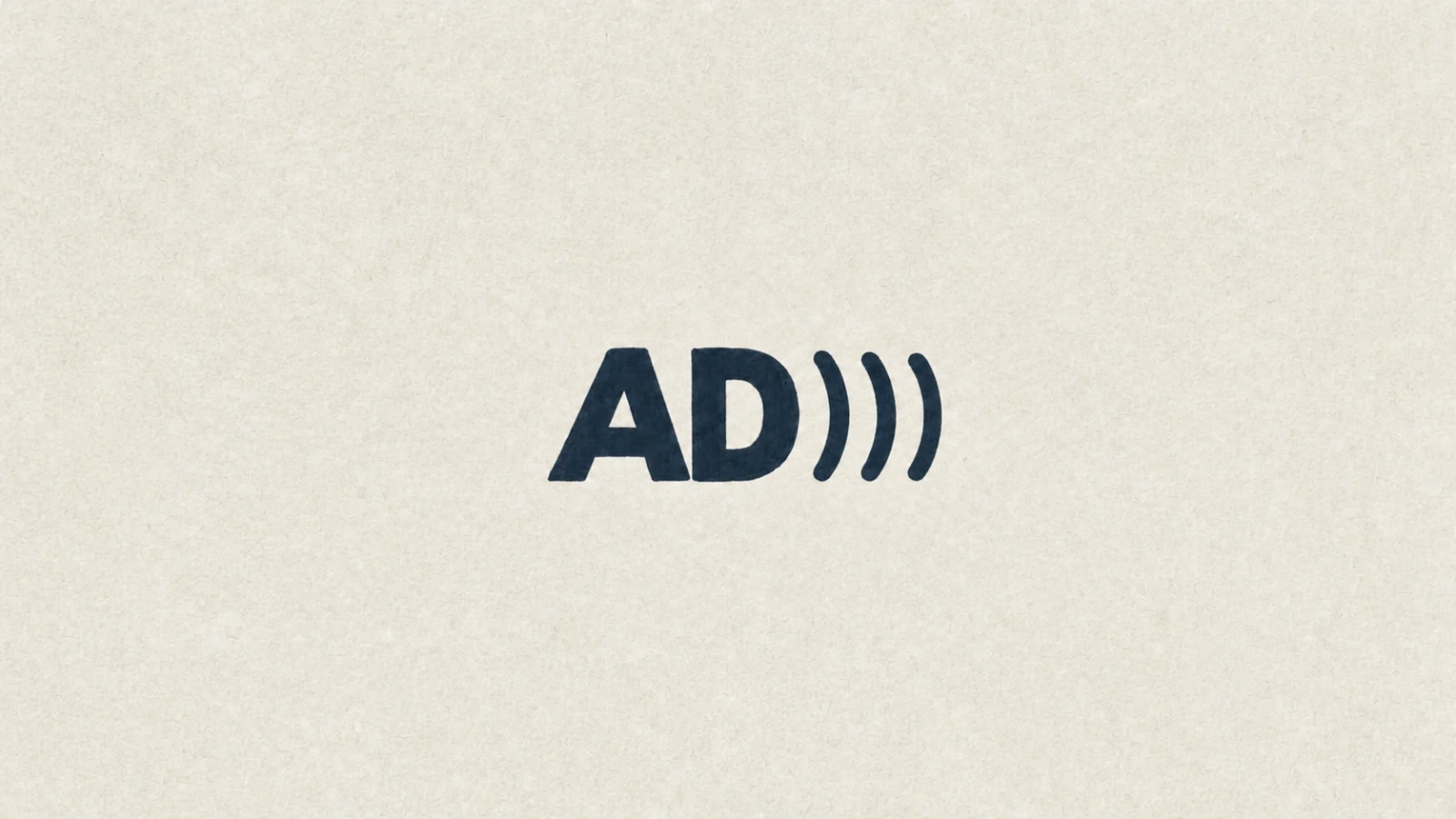 The audio description symbol, the letters AD followed by three sound-wave arcs, hand-painted in navy on cream paper