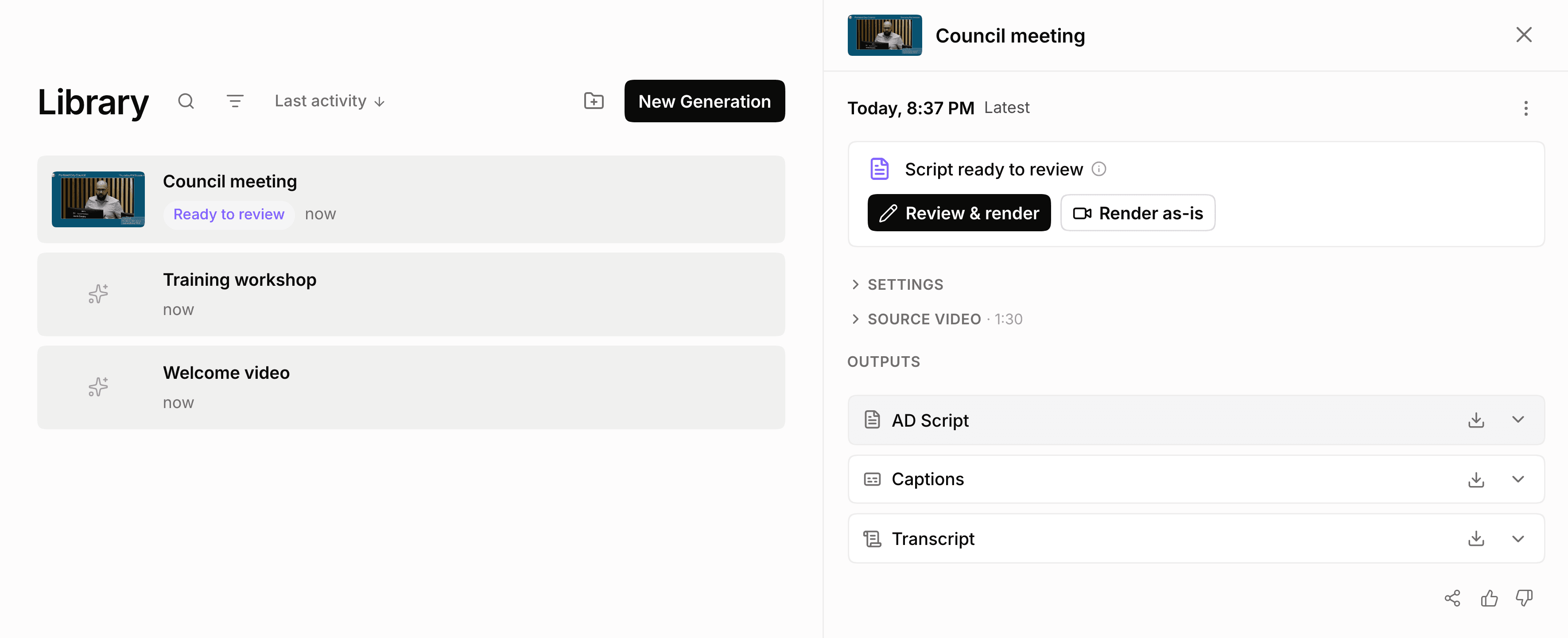 The new ViddyScribe Library listing three videos, with the Council meeting video open in a side panel that offers review and render actions and downloads for the AD script, captions and transcript