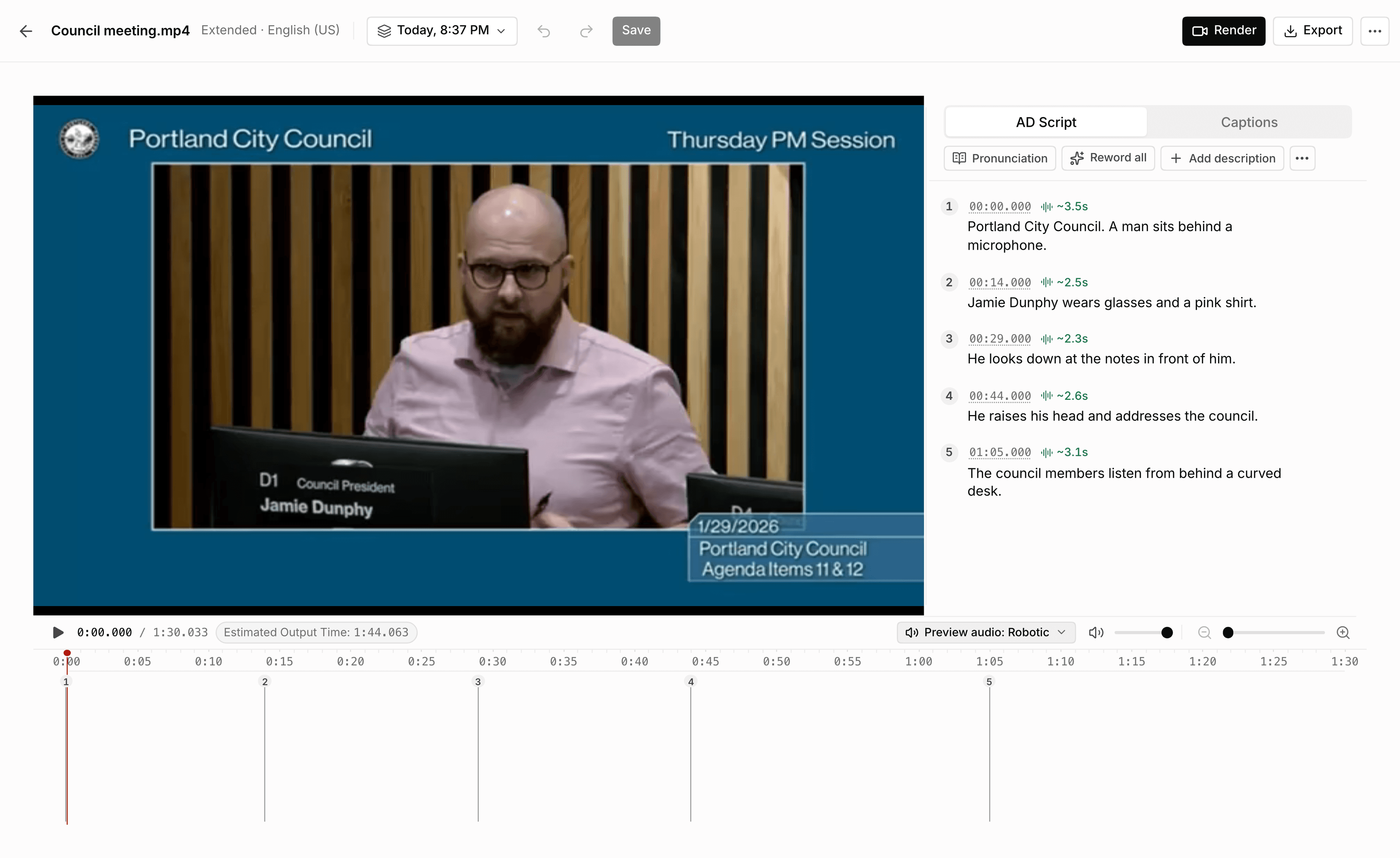 The new ViddyScribe editor showing a city council video beside an editable audio description script, with timing controls on the timeline below