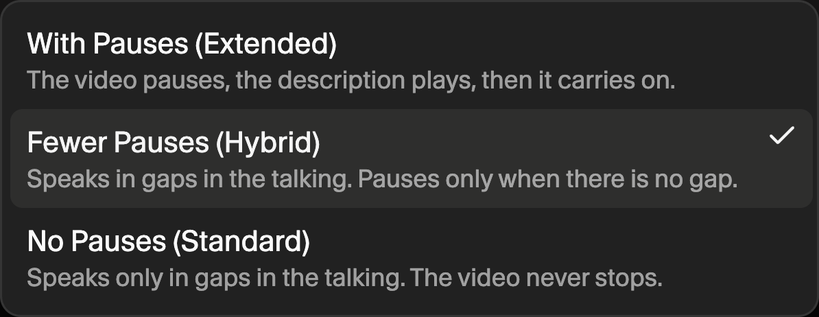 Audio Description Type menu showing With Pauses (Extended), selected Fewer Pauses (Hybrid), and No Pauses (Standard), with an explanation of each mode.