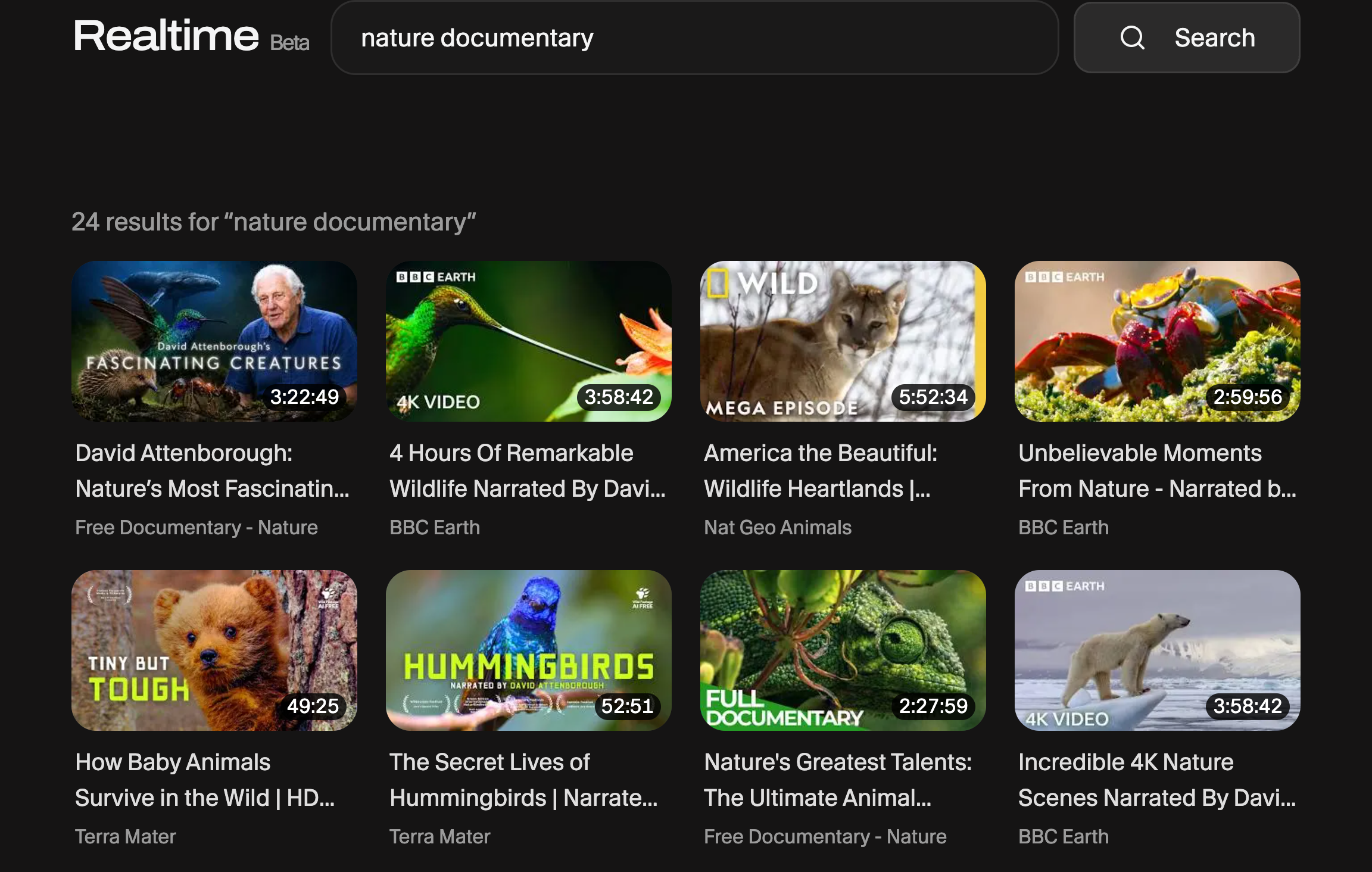 ViddyScribe Realtime showing a search for nature documentary and a grid of YouTube videos with titles, channels, and durations.