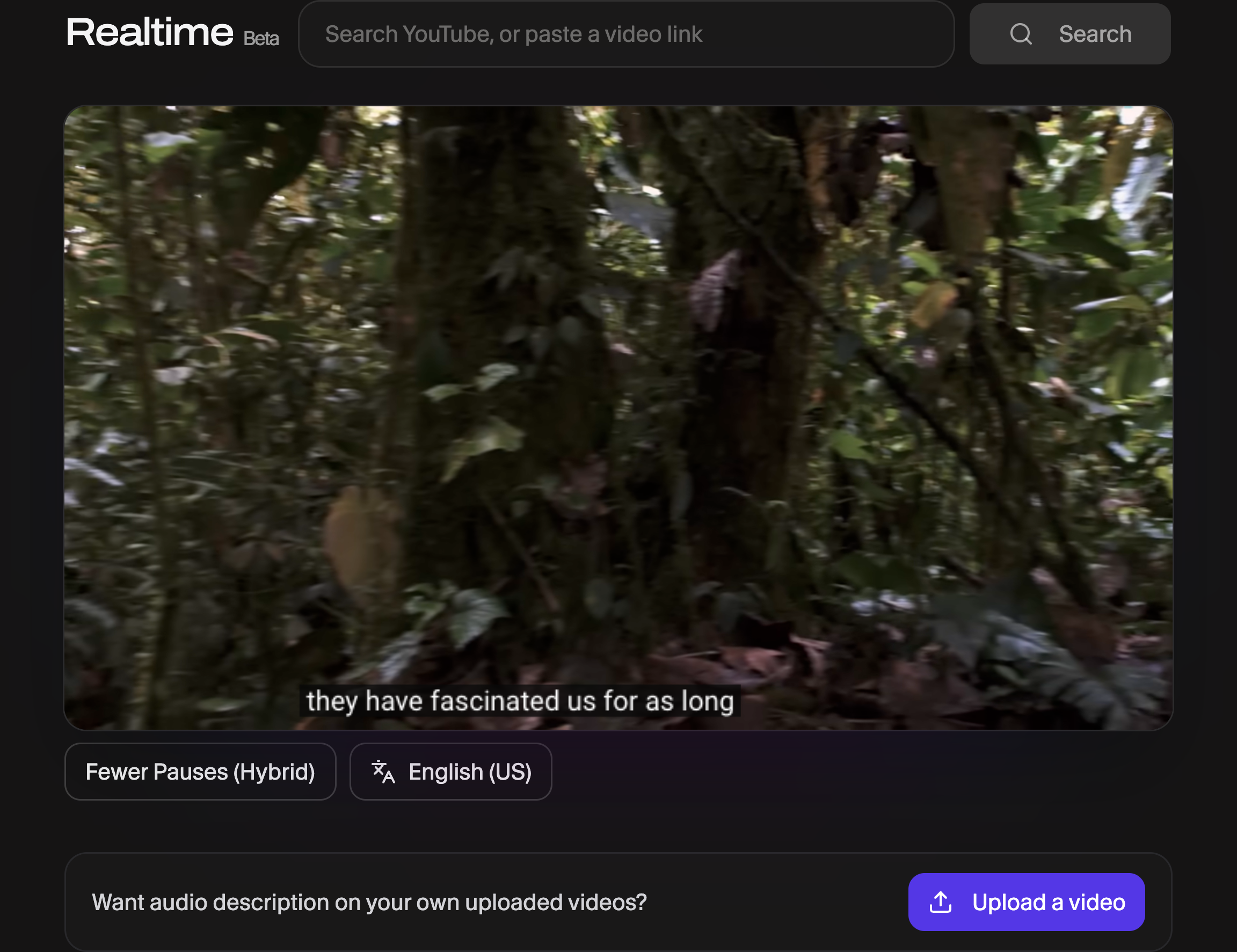 A nature documentary open in the ViddyScribe Realtime player, with Fewer Pauses (Hybrid) and English (US) settings below the video.