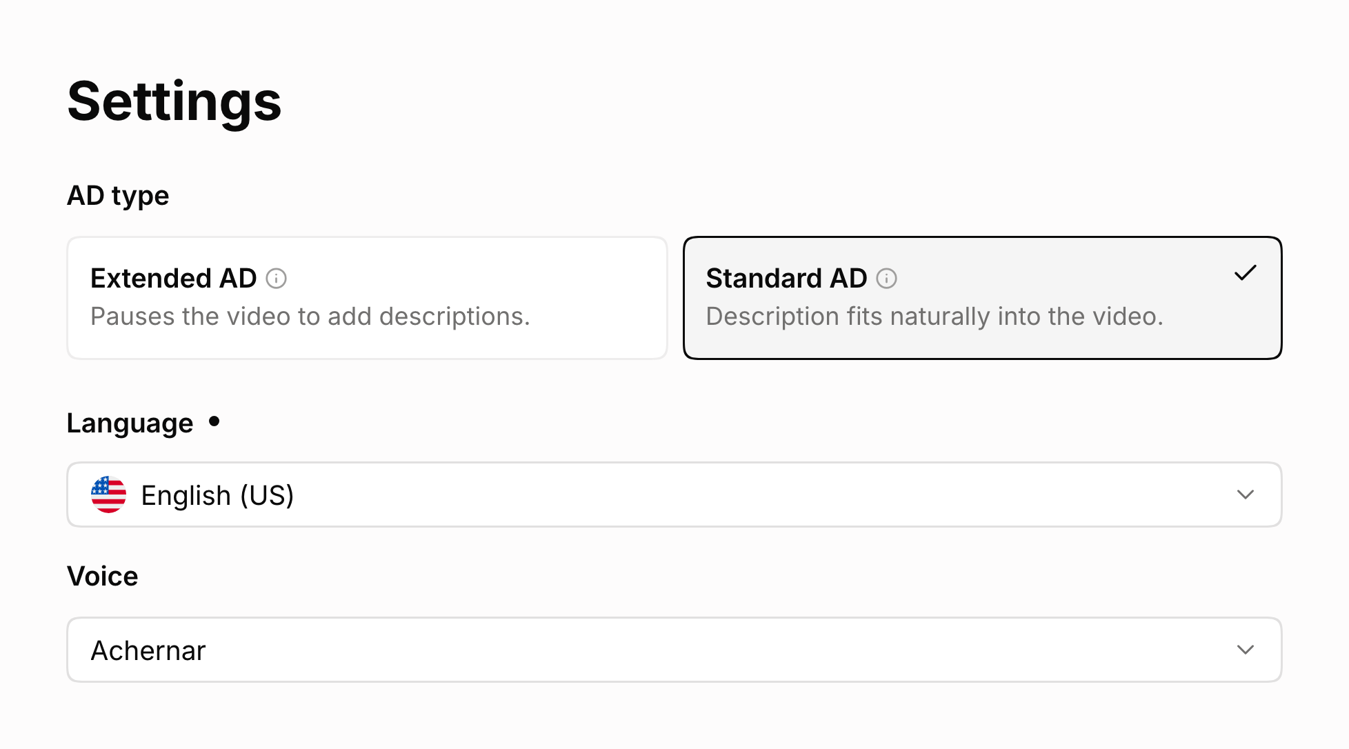 The Settings step with Standard AD chosen over Extended AD, Language set to English (US) and Voice set to Achernar