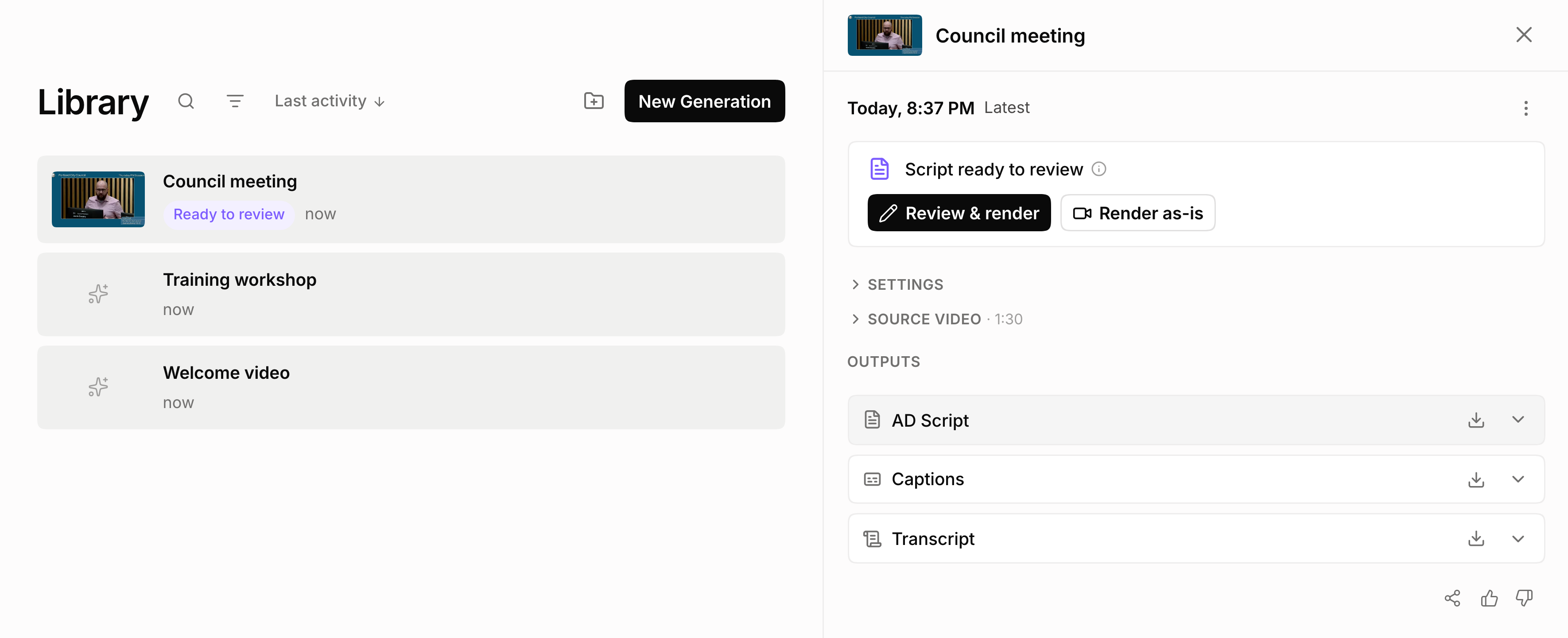 A Library video marked Ready to review, with a Script ready to review card offering Review and render or Render as-is