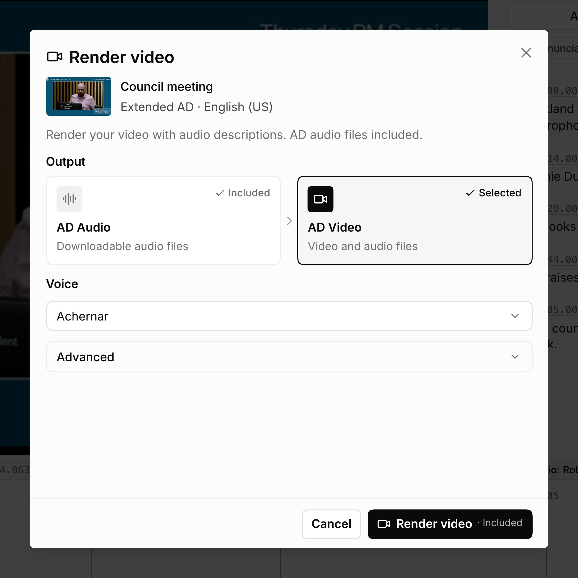 The Render video dialog with AD Audio marked Included and AD Video selected, above the voice picker and an Advanced row