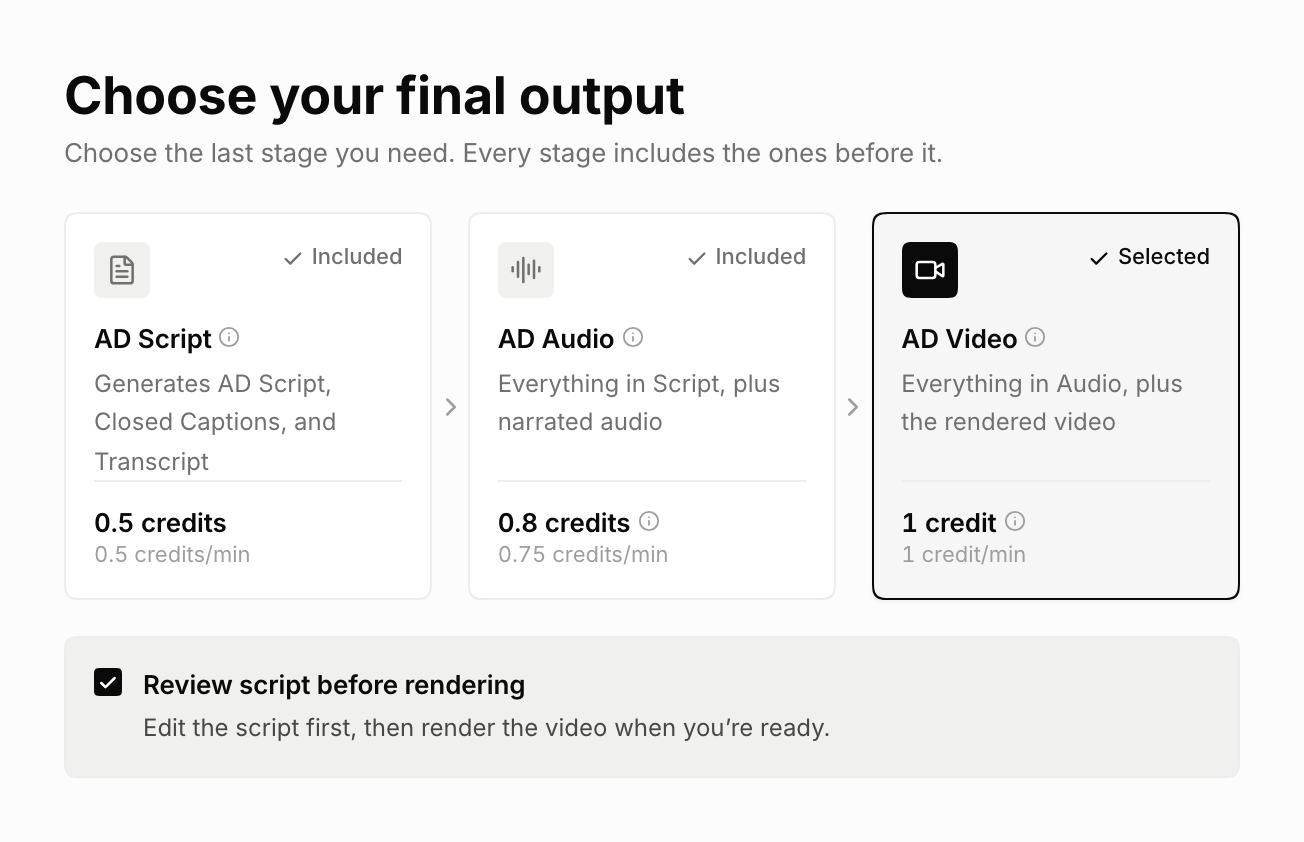 AD Video selected, with Review script before rendering checked below the output cards