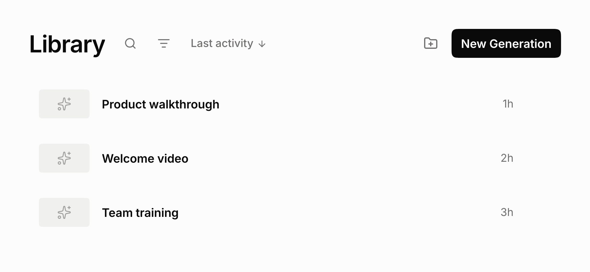 The Library with three example videos and the New Generation button at the top right